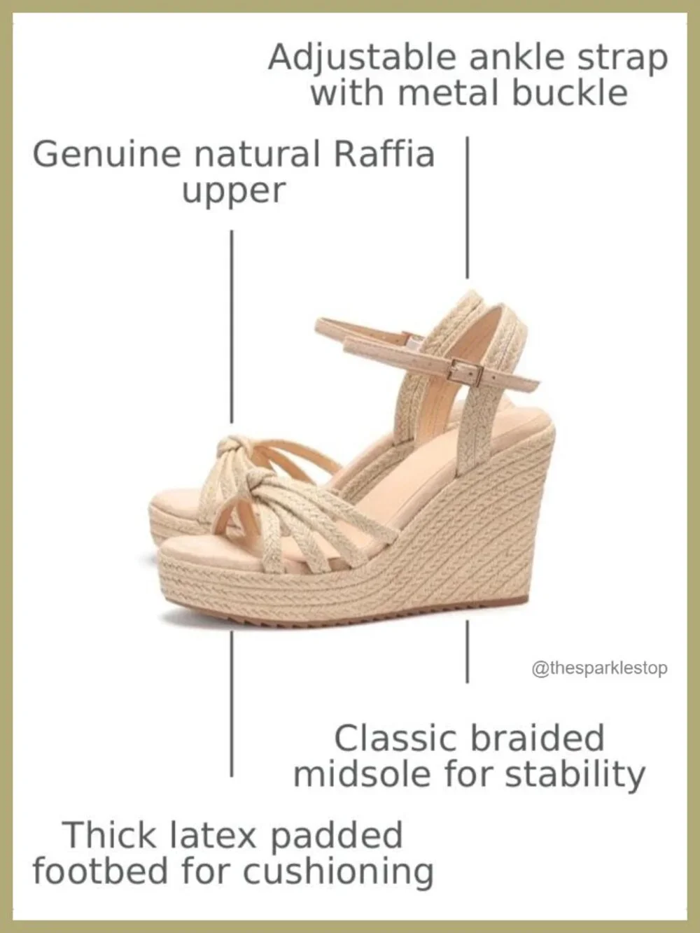 Women's Espadrille Wedge Sandals with Raffia Upper, Adjustable Ankle Strap,